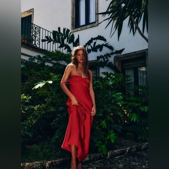 ZARA NWT WOMAN SS24 SATIN MIDI SLIP DRESS RED | 2340/371 - Picture 10 of 16